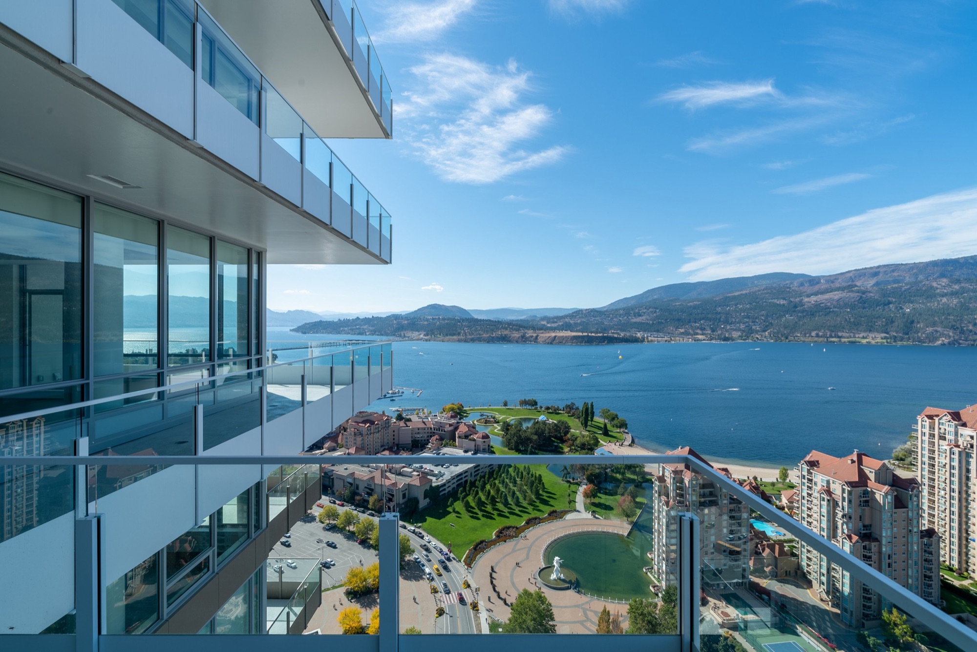 View over Okanagan Lake from a downtown Kelowna apartment balcony